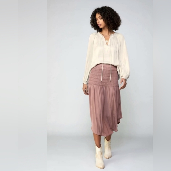 Anthropologie- Current Air Rosarita Skirt Pleated Smocked Waist Midi in Plum - Picture 4 of 9